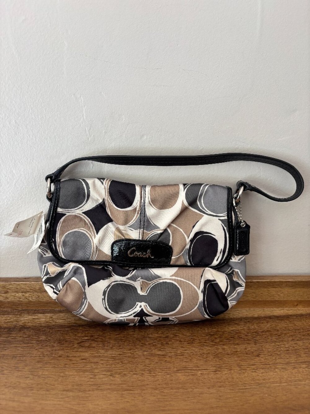 Coach Ashley Signature Satin Black Gold White Silver Scarf Print Mini Bag New
